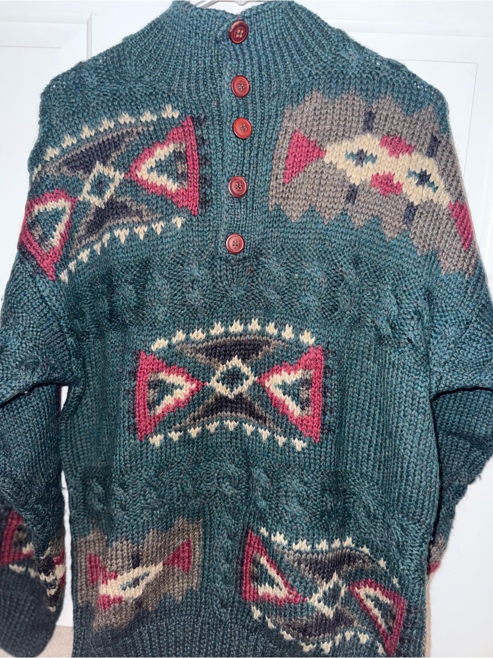 Boston Trader’s Chunky Teal Aztec Knit Wool Turtleneck with Wooden Buttons M